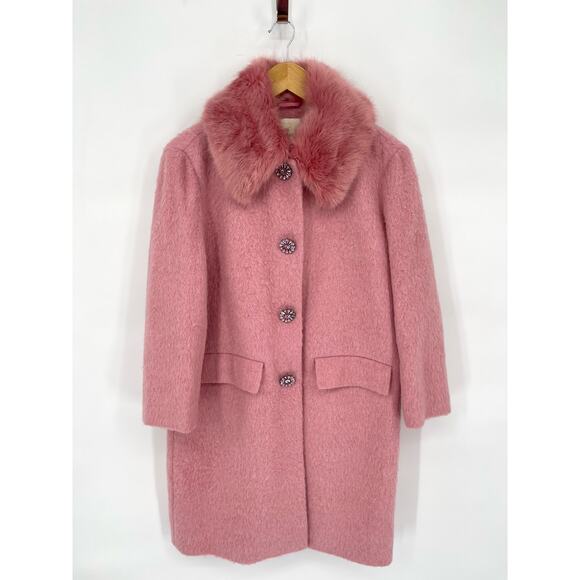 Kate Spade Tulip Pink Faux Fur Collar Crystal Button Front Wool Blend Coat sz 2 - Picture 3 of 11